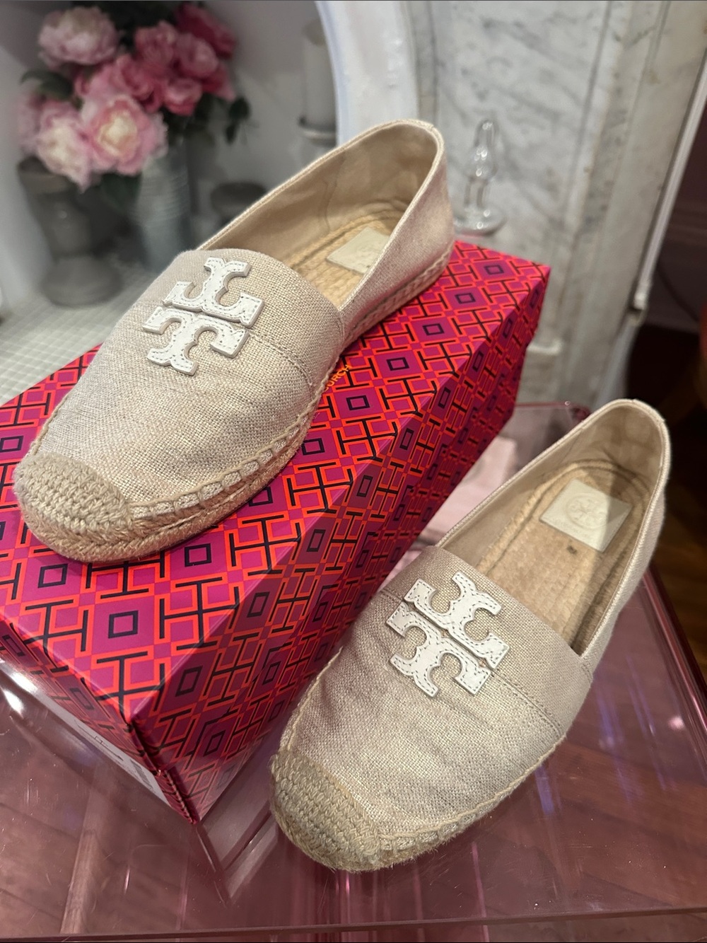 Tory Burch Natural Metallic Linen Espadrille Flats with White Logo